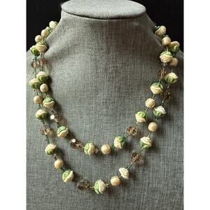 Vintage Vemdome Glass Bead Double Strand Necklace Lucite Faux Pearl Beaded Retro